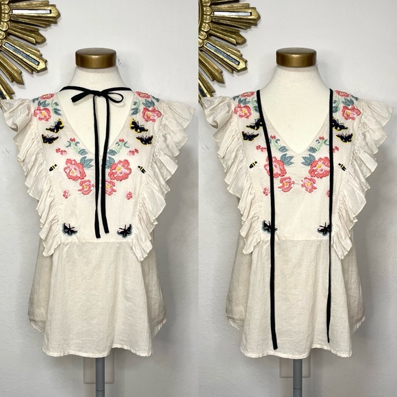 St. Roche Tops - St. Roche Embroidered Floral Ruffle Sleeveless Top